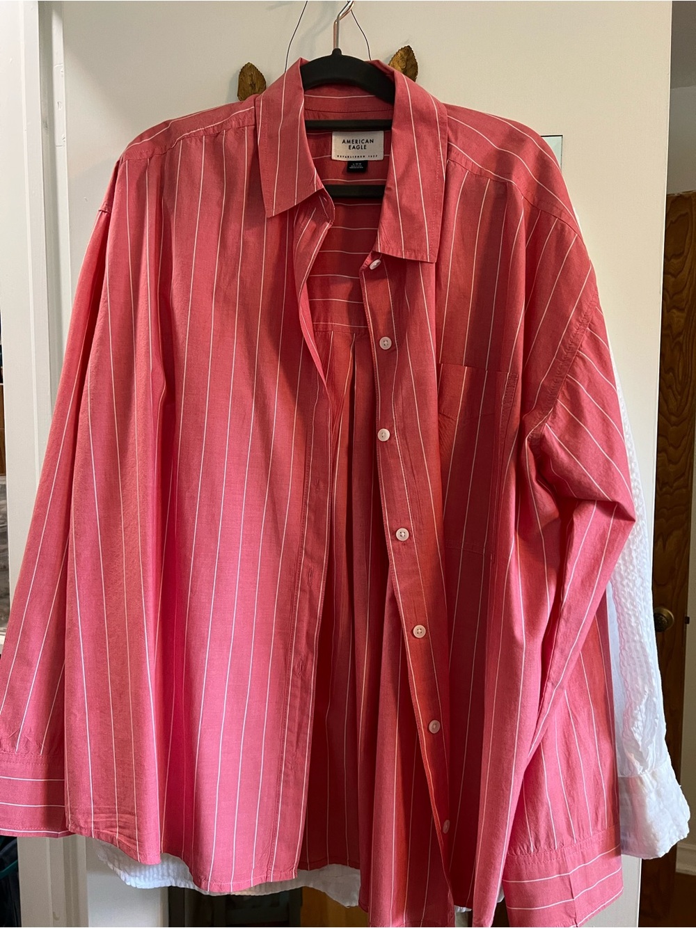 American Eagle Outfitters Coral Pink Vertical Stripe Button-Down Shirt